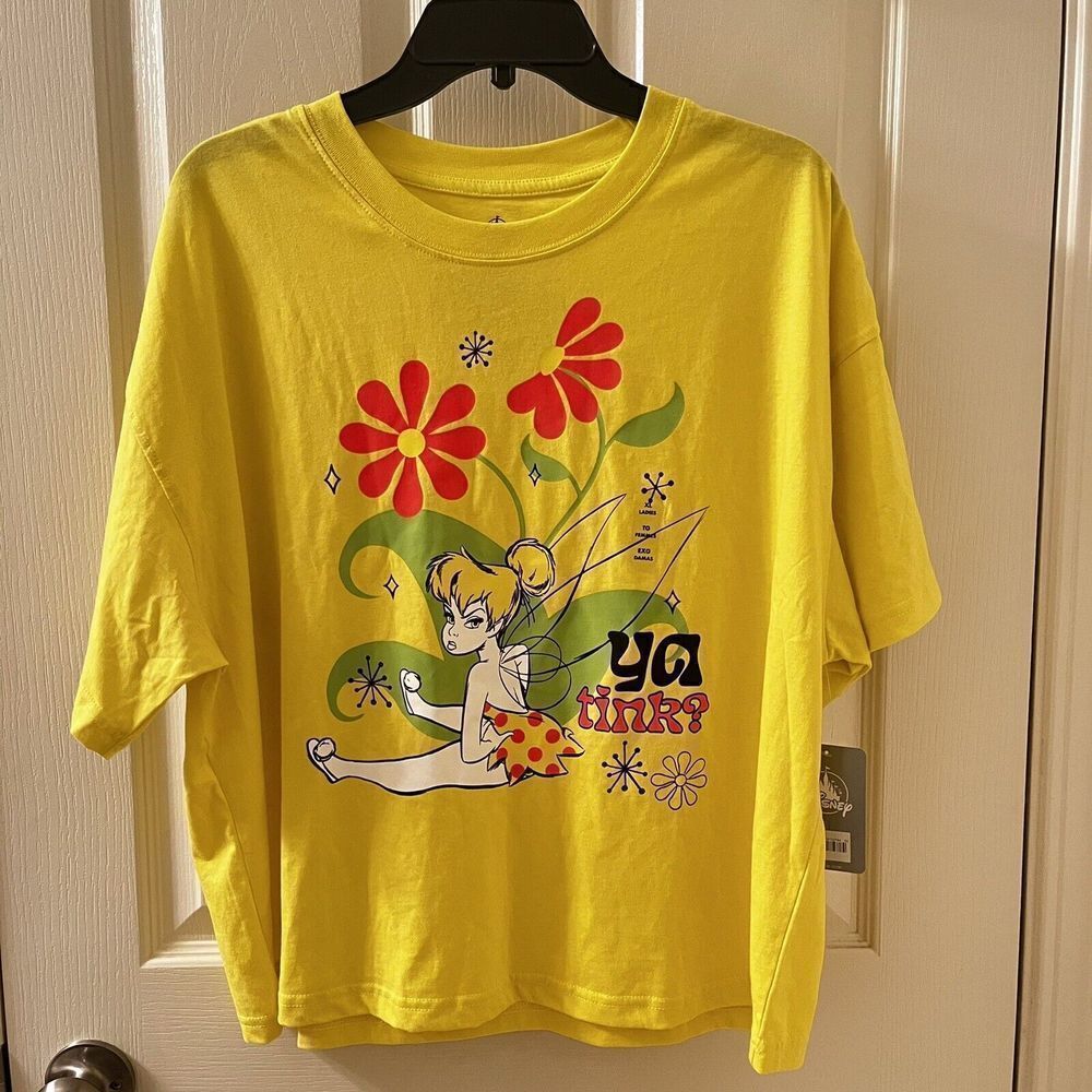 Disney Tinkerbell Ya Tink Graphic Crop Top T-Shirt Yellow Women's Size XL NWT